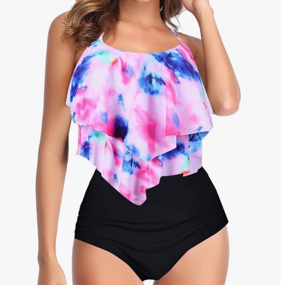 Womens Tie‎ Dye Ruffle High Waist Bikini Set Swimsuit Bathing Suit XL